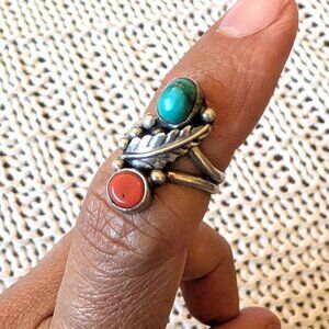 Navajo Sterling Silver Turquoise & Coral Ring Size 4.5 Native American 4.4 grams